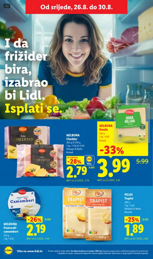 Lidl katalog — stranica 48: Pilos PILOS Trapist Narezak, Milbona MILBONA Gouda Holland Young, Milbona MILBONA Francuski camembert, Milbona MILBONA Cheddar Vintage ili Reifer Komad (vrijedi 24. 08. 2026.–30. 08. 2026.)