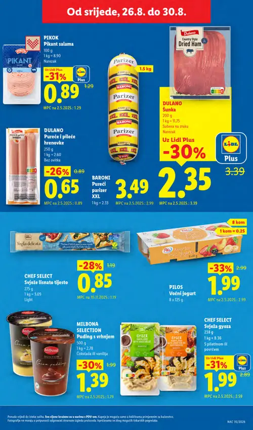 Lidl katalog — stranica 49: PILOS PILOS Voćni jogurt, Svježa gyoza, DULANO DULANO Sunka, CHEF SELECT CHEF SELECT Svježe lisnato tijesto (vrijedi 24. 08. 2026.–30. 08. 2026.)