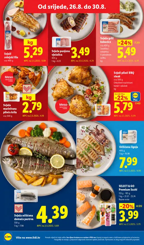 Lidl katalog — stranica 50: MESNICA Svježa grill kobasica, Svježa očišćena domaća pastrva, RIBARNICA Očišćena lignja, LIDL Svježi pileći BBQ steak (vrijedi 24. 08. 2026.–30. 08. 2026.)