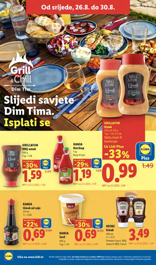 Lidl katalog — stranica 52: GRILL&FUN GRILL&FUN Umak ZA HAMBURGER, GRILL&FUN GRILL&FUN Umak SLATKO-KISELI, GRILL&FUN GRILL&FUN BBQ umak, KANIA KANIA Senf (vrijedi 24. 08. 2026.–30. 08. 2026.)