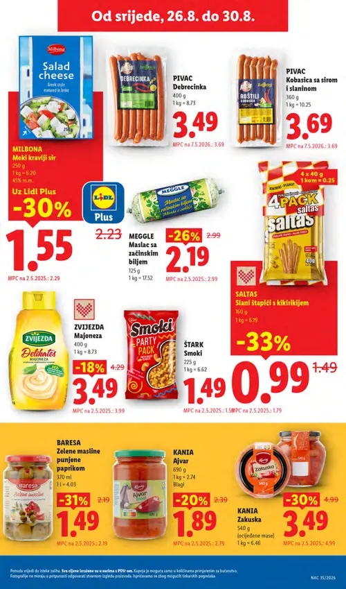 Lidl katalog — stranica 53: SALTAS Punjeni štapići, MILBONA Meki kravlji sir, BARESA Zelene masline punjene papirom, KANIA Zakuška (vrijedi 24. 08. 2026.–30. 08. 2026.)