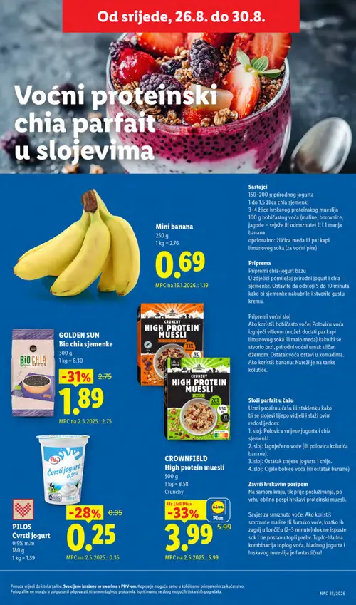 Lidl katalog — stranica 59: Mini banana, CROWNFIELD High protein muesli Nuts, CROWNFIELD High protein muesli Choco Bites & Biscuits, GOLDEN SUN Bio chia sjemenke (vrijedi 24. 08. 2026.–30. 08. 2026.)