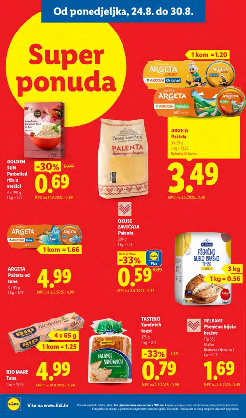 Lidl katalog — stranica 6: Okusi Zavičaja Palenta kukuruzna krupica, Golden Sun Golden Sun Parboiled riža u vrećici (vrijedi 24. 08. 2026.–30. 08. 2026.)