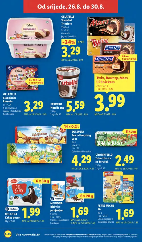 Lidl katalog — stranica 60: GELATELLI GELATELLI Sladoled Tricolore, CROWNFIELD CROWNFIELD Izbor žitarica za doručak, Ferdi Fuchs Ferdi Fuchs Sir, FERRERO FERRERO Nutella cup (vrijedi 24. 08. 2026.–30. 08. 2026.)