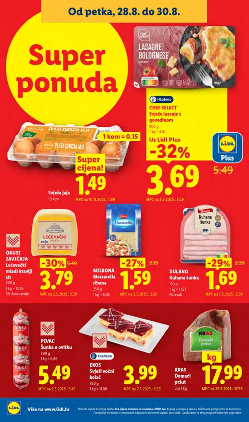 Lidl katalog — stranica 62: Chef Select Lasagne Bolognese s govedinom, Okusi zavičaja Lećevački mladi kravlji sir, Dulano Kuhana šunka, Milbona Mozzarella ribana (vrijedi 24. 08. 2026.–30. 08. 2026.)