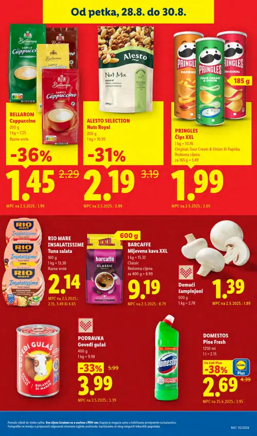 Lidl katalog — stranica 65: domestos Pine Fresh, bellarom Cappuccino, podravka Goveđi gulaš, alesto Nuts Royal (vrijedi 24. 08. 2026.–30. 08. 2026.)