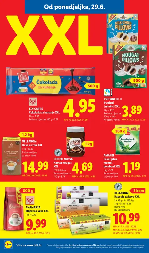 Lidl katalog — stranica 10: BELLAROM Kava u zrnu XXL, AMANE Eukaliptus-mentol bomboni XXL, CHOCO NUSSA Namaz nougat XXL, CROWNFIELD Punjenje jastucići XXL, Nougat ili vanilija (vrijedi 29. 06. 2026.–05. 07. 2026.)