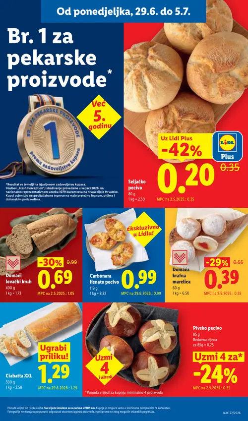 Lidl katalog — stranica 11: Seljačko pecivo, Domaći lovački kruh, Domaća krafna marelica, Pivsko pecivo (vrijedi 29. 06. 2026.–05. 07. 2026.)