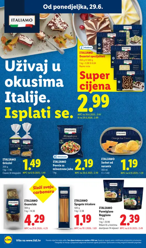 Lidl katalog — stranica 12: ITALIAMO ITALIAMO Špagete tricolore, ITALIAMO ITALIAMO Sorbet od naranče, ITALIAMO ITALIAMO Povrće za minestrone juhu, ITALIAMO ITALIAMO Parmigiano Reggiano (vrijedi 29. 06. 2026.–05. 07. 2026.)