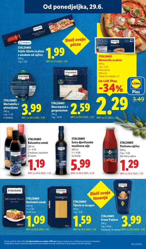 Lidl katalog — stranica 13: ITALIAMO ITALIAMO Mozzarella za pizzu, ITALIAMO ITALIAMO Béchamel umak, ITALIAMO ITALIAMO Pasirana rajčica (vrijedi 29. 06. 2026.–05. 07. 2026.)