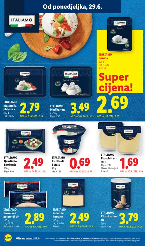 Lidl katalog — stranica 14: ITALIAMO ITALIAMO Ricotta di Bufala, ITALIAMO ITALIAMO Ribani sušeni sir, ITALIAMO ITALIAMO Provoletta sir, ITALIAMO ITALIAMO Pecorino Romano (vrijedi 29. 06. 2026.–05. 07. 2026.)