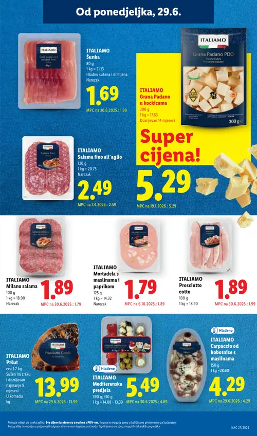 Lidl katalog — stranica 15: ITALIAMO ITALIAMO Mortadela s maslinama i paprikom, ITALIAMO ITALIAMO Prosciutto cotto, ITALIAMO ITALIAMO Carpaccio od hobotnice s maslinama, ITALIAMO ITALIAMO Mediteranska predjela (vrijedi 29. 06. 2026.–05. 07. 2026.)