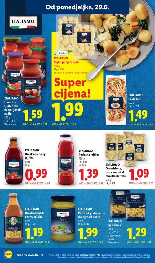 Lidl katalog — stranica 16: ITALIAMO ITALIAMO Orecchiette, maccheroni al ferretto ili trofie, ITALIAMO ITALIAMO Tjestenina, ITALIAMO ITALIAMO Pesto od pistacije na sicilijanski način, ITALIAMO ITALIAMO Svježi punjeni njoki (vrijedi 29. 06. 2026.–05. 07. 2026.)