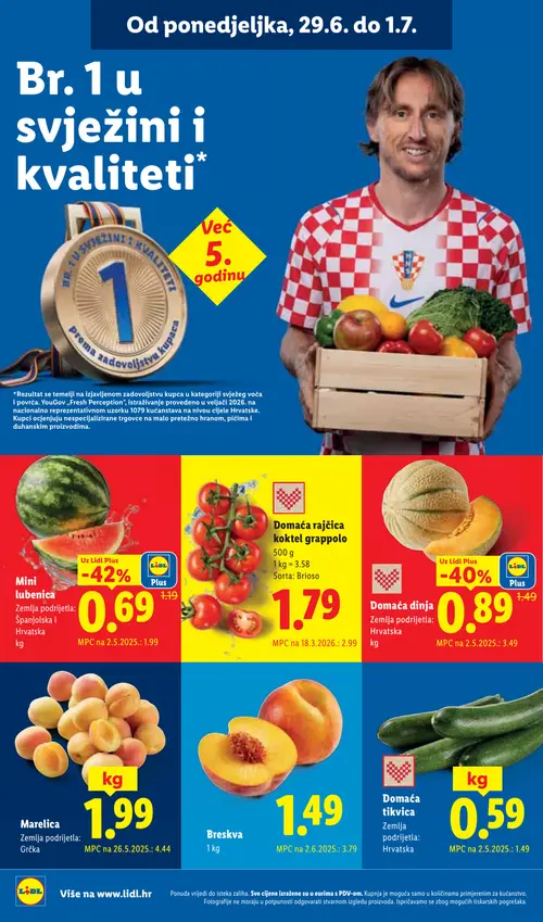 Lidl katalog — stranica 2: Breskva, Domaća tikvica, Marelica, Mini lubenica (vrijedi 29. 06. 2026.–05. 07. 2026.)