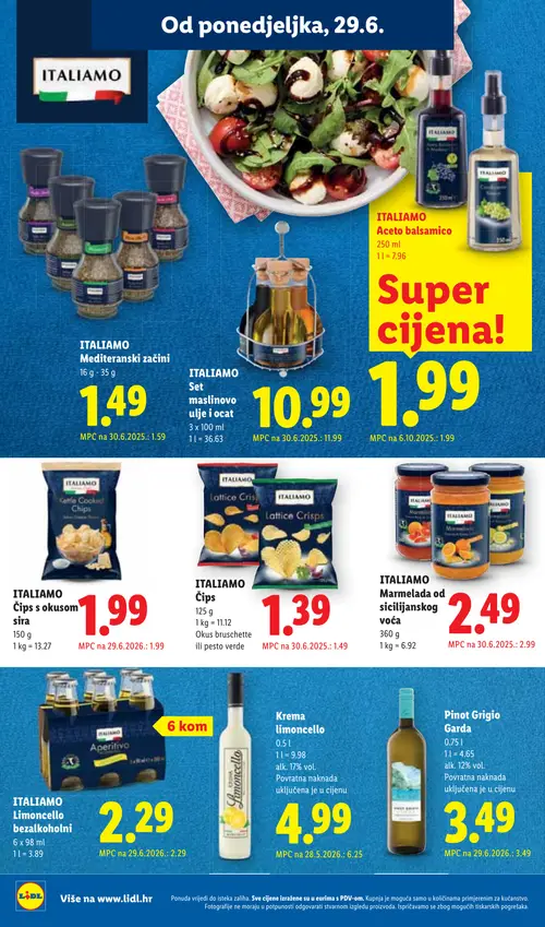 Lidl katalog — stranica 20: Krema limoncello, ITALIAMO ITALIAMO Marmelada od sicilijanskog voća, ITALIAMO ITALIAMO Set maslinovo ulje i ocat, ITALIAMO ITALIAMO Čips (vrijedi 29. 06. 2026.–05. 07. 2026.)