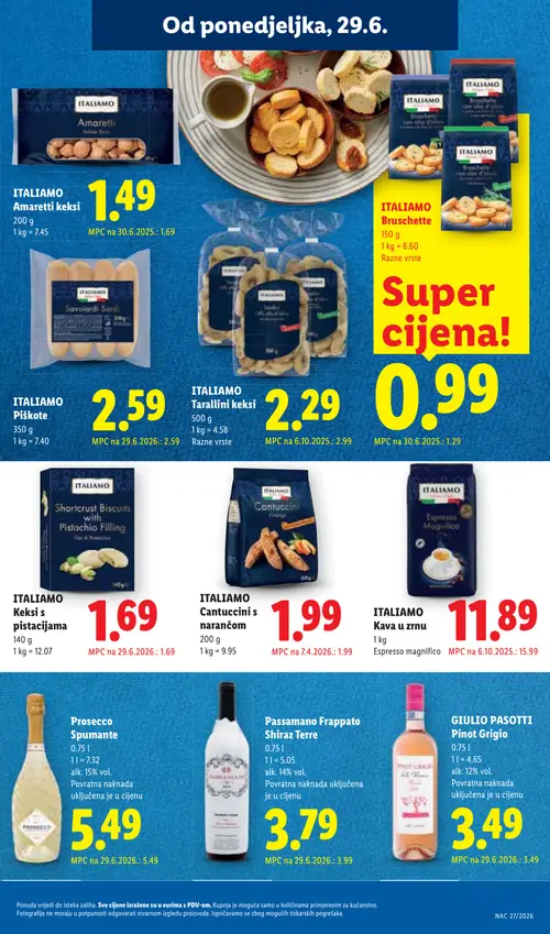 Lidl katalog — stranica 21: ITALIAMO ITALIAMO Kava u zrnu, ITALIAMO ITALIAMO Tarallini keksi, ITALIAMO ITALIAMO Bruschette, Passamano Frappato Shiraz Terre (vrijedi 29. 06. 2026.–05. 07. 2026.)