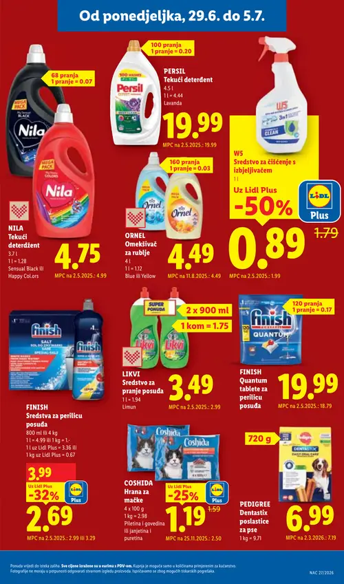 Lidl katalog — stranica 25: W5 W5 Sredstvo za čišćenje s izbjeljivačem, Coshida COSIDA Hrana za mačke, Nila NILA Tekući deterdžent, Nila NILA Tekući deterdžent (vrijedi 29. 06. 2026.–05. 07. 2026.)