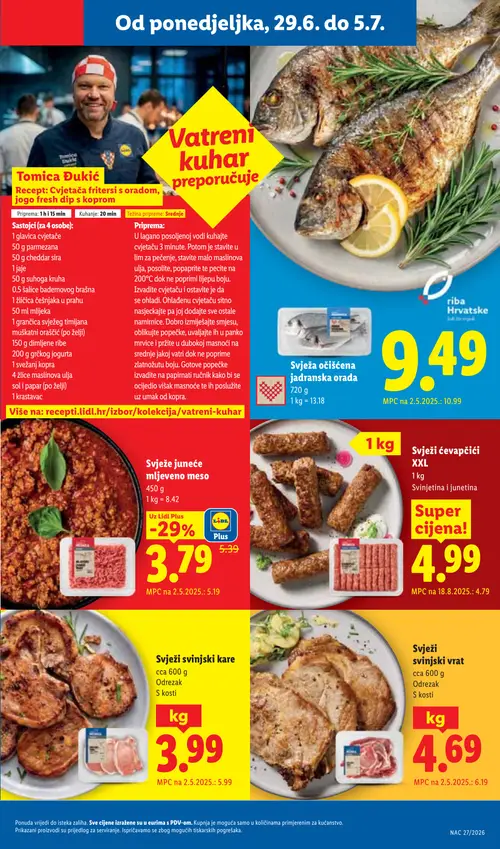 Lidl katalog — stranica 3: Svježi svinjski kare, Svježe mljeveno meso, Svježi svinjski vrat, Svježa očišćena jadranska orada (vrijedi 29. 06. 2026.–05. 07. 2026.)