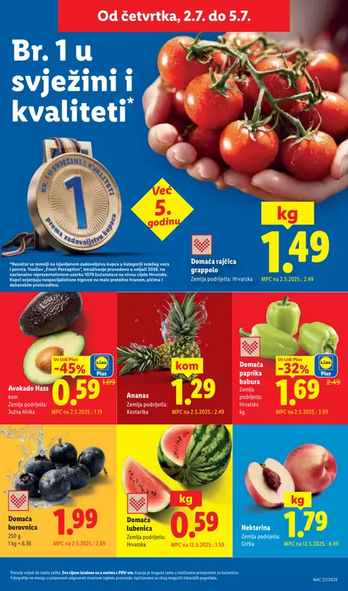 Lidl katalog — stranica 53: Nektarina, Lubeni, Paprika babura, Avokado Hass (vrijedi 29. 06. 2026.–05. 07. 2026.)