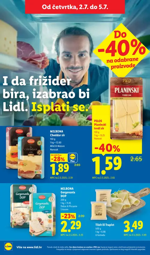 Lidl katalog — stranica 54: PILOŠ PLANINSKI tvrdi sir, MILBONA MILBONA Gorgonzola DOP, MILBONA MILBONA Cheddar sir, Tilžit ili Trapist (vrijedi 29. 06. 2026.–05. 07. 2026.)