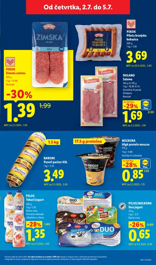 Lidl katalog — stranica 55: PIKOK PIKOK Zimska salama, DULANO DULANO Salama, MILBONA MILBONA High protein mousse, PILOS PILOS Tekući jogurt (vrijedi 29. 06. 2026.–05. 07. 2026.)
