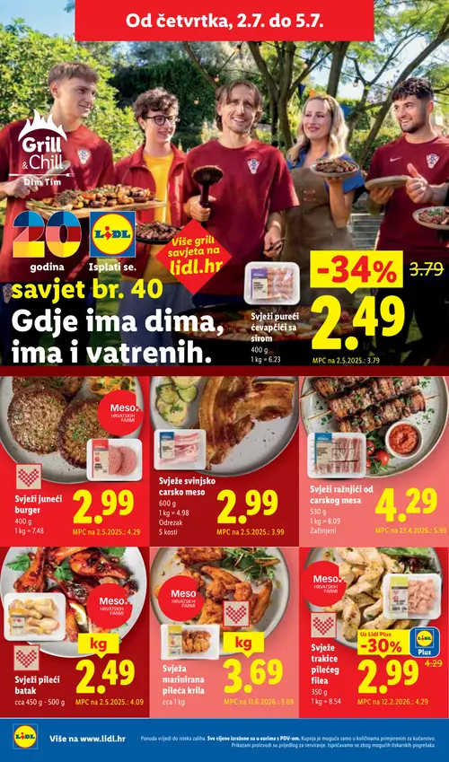 Lidl katalog — stranica 56: Meso Hrvatskih Farm Svježi pileći batak, Svježi pureći ćevapčići sa sirom, Meso Hrvatskih Farm Svježi juneći burger, Meso Hrvatskih Farm Svježe trakice pilećeg filea (vrijedi 29. 06. 2026.–05. 07. 2026.)