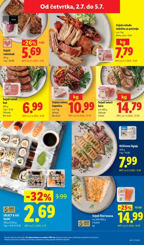 Lidl katalog — stranica 57: GGN SELECT & GO Sushi, Svježi ramsteak, GGN Svježi file lososa, Svježi teleći but (vrijedi 29. 06. 2026.–05. 07. 2026.)