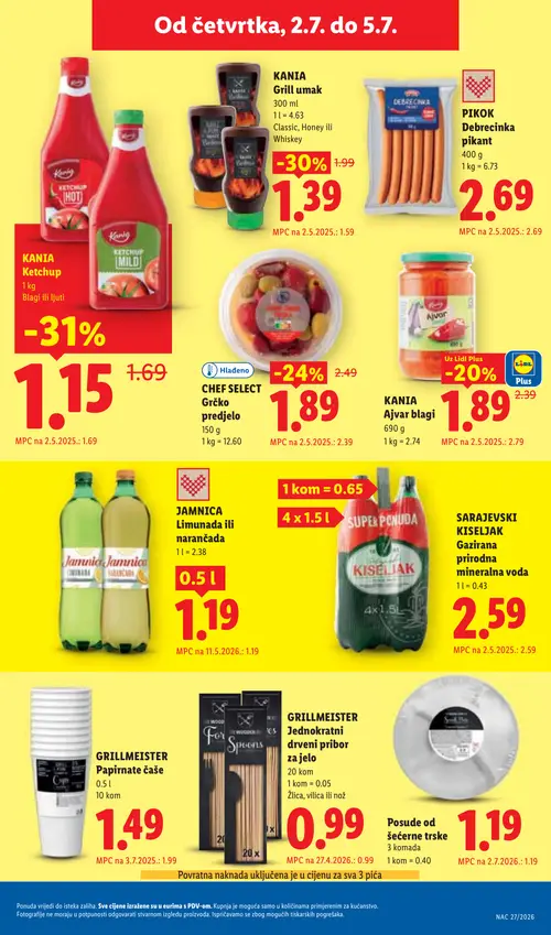 Lidl katalog — stranica 59: KANIA KANIA Ketchup Blagi ili ljuti, KANIA KANIA Grill umak, GRILLMEISTER GRILLMEISTER Papirnate čaše, CHEF SELECT CHEF SELECT Grčko predjelo (vrijedi 29. 06. 2026.–05. 07. 2026.)
