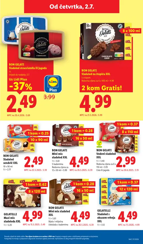 Lidl katalog — stranica 61: BON GELATI BON GELATI Mini mix sladoled XXL, BON GELATI BON GELATI Sendvič XXL, BON GELATI BON GELATI Sladoled na štapiću XXL, GELATELLI GELATELLI Sladoled s okusom vrhnja XXL (vrijedi 29. 06. 2026.–05. 07. 2026.)