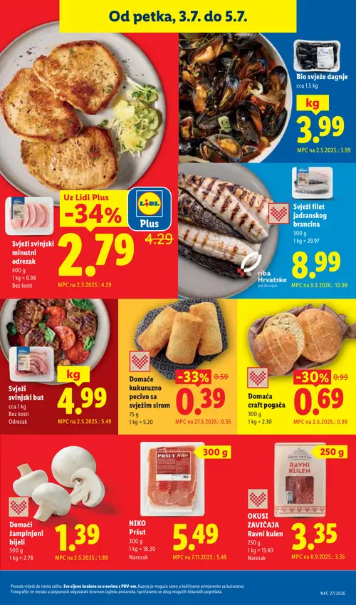 Lidl katalog — stranica 63: Domaće kukuruzno pecivo sa svježim sirom, Domaća craft pogača, Domaći šampinjoni bijeli, Svježi file jadranskog brancina (vrijedi 29. 06. 2026.–05. 07. 2026.)