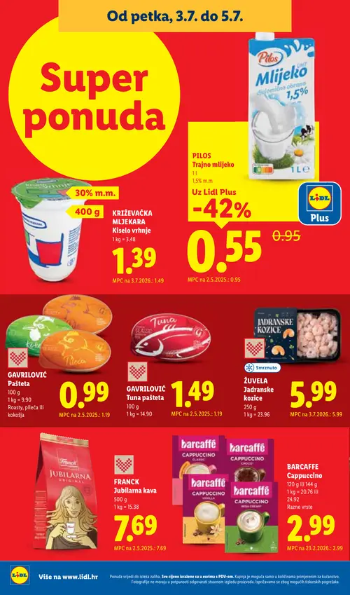 Lidl katalog — stranica 64: Pilos MLIJEKO, GAVRILOVIĆ Pašteta, Križevačka mljekara Kiselo vrhnje (vrijedi 29. 06. 2026.–05. 07. 2026.)