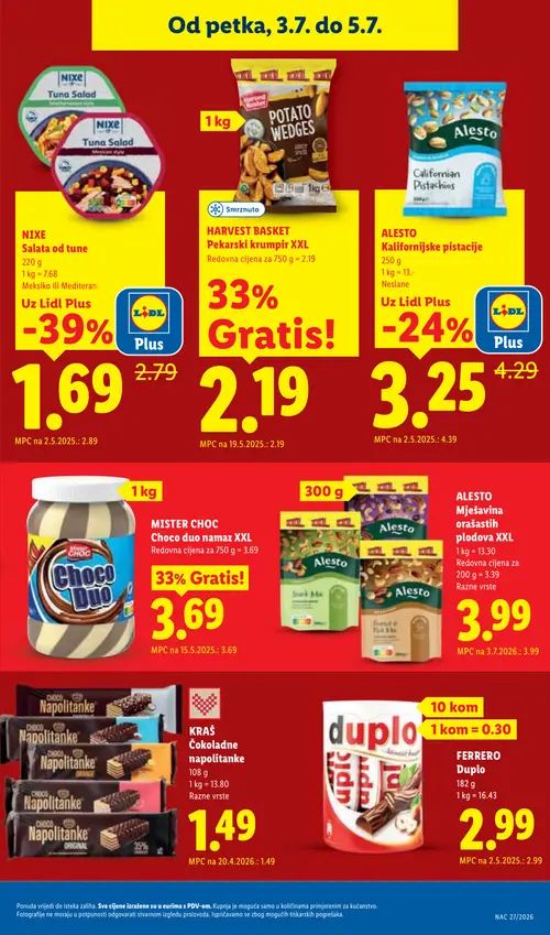 Lidl katalog — stranica 65: NIxe NIxe Salata od tune Meksičko ili Mediteran, Alesto Alesto Kalifornijske pistacije Neslane (vrijedi 29. 06. 2026.–05. 07. 2026.)