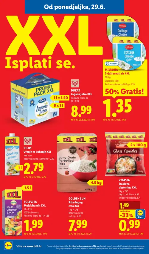 Lidl katalog — stranica 8: VITASIA Glass Noodles, MILBONA Svježi zrnati sir XXL Classic ili light, GOLDEN SUN Long Grain Parboiled Rice (vrijedi 29. 06. 2026.–05. 07. 2026.)