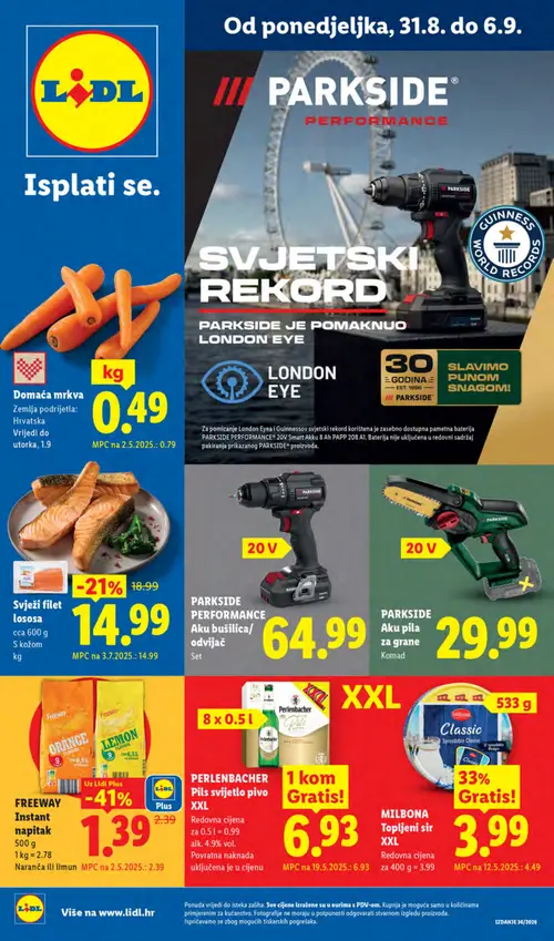 Lidl katalog — stranica 1: FREEWAY Instant napitak, Domaća mrkva, Svježi file lososa, MILBONA Topljeni sir XXL (vrijedi 31. 08. 2026.–06. 09. 2026.)
