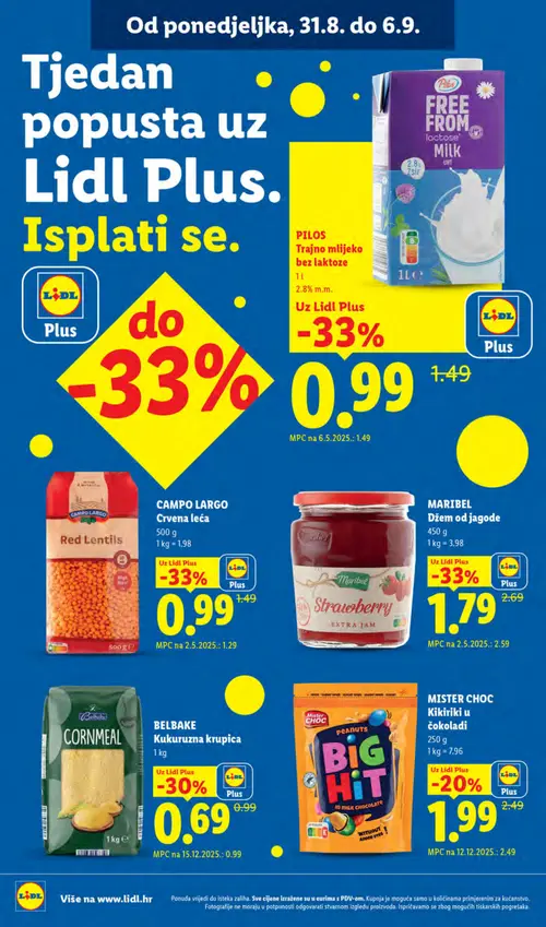 Lidl katalog — stranica 10: Pilos Trajno mlijeko bez laktoze, CAMPO LARGO Crvena leća, MARIBEL Džem od jagode, BELBAKE Kukuruzna krupica (vrijedi 31. 08. 2026.–06. 09. 2026.)