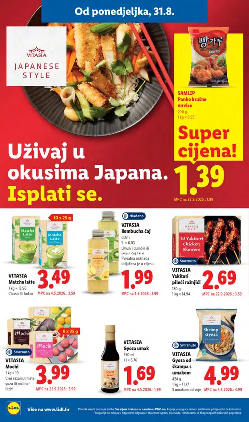 Lidl katalog — stranica 12: SAMLIP Panko krušne mrvice, VITASIA Yakitori pileći ražnjići, VITASIA Gyoza umak, VITASIA Matcha latte Classic ili kokos (vrijedi 31. 08. 2026.–06. 09. 2026.)