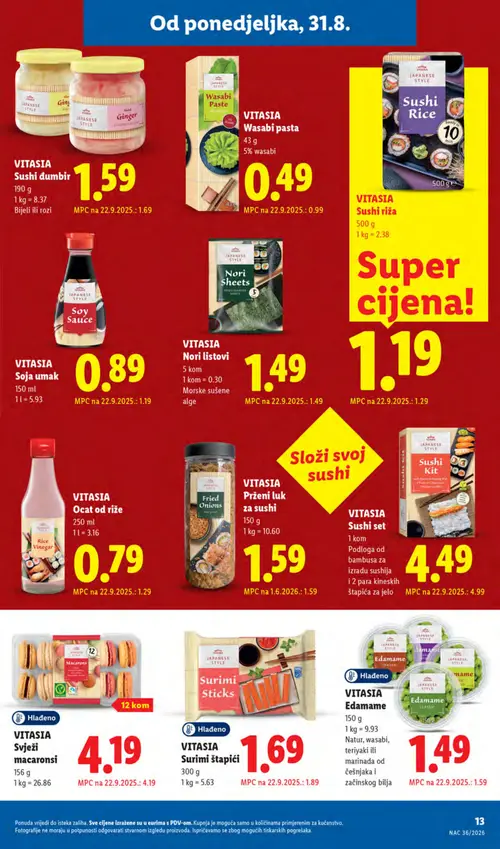 Lidl katalog — stranica 13: VITASIA Ocat od riže, VITASIA Soja umak, VITASIA Surimi štapići, VITASIA Sushi set (vrijedi 31. 08. 2026.–06. 09. 2026.)