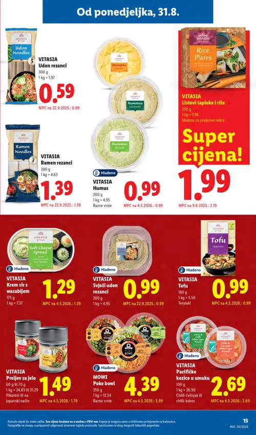 Lidl katalog — stranica 15: MOWI Poke bowl, VITASIA Preljev za jelo, VITASIA Ramen rezanci, VITASIA Listovi tapioke i riže (vrijedi 31. 08. 2026.–06. 09. 2026.)