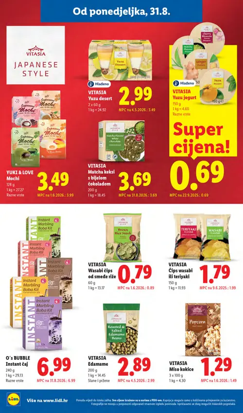 Lidl katalog — stranica 16: VITASIA Miso kokice, YUKI & LOVE Mochi, VITASIA Wasabi čips od smeđe riže, VITASIA Čips wasabi ili teriyaki (vrijedi 31. 08. 2026.–06. 09. 2026.)