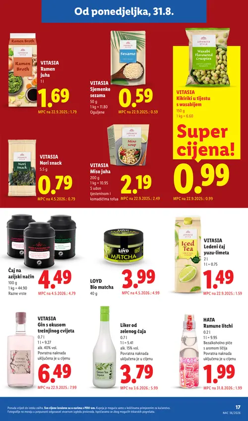 Lidl katalog — stranica 17: Liker od zelenog čaja, LOYD Bio matcha, VITASIA Gin s okusom trešnjinog cvijeta, VITASIA Ledeni čaj yuzu-limeta (vrijedi 31. 08. 2026.–06. 09. 2026.)