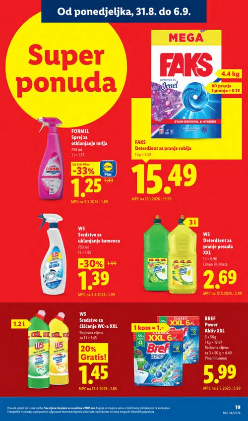 Lidl katalog — stranica 19: Formil Sprej za otklanjanje mrlja, W5 Sredstvo za uklanjanje kamenca, W5 Sredstvo za čišćenje WC-a XXL, W5 Deterdžent za pranje posuđa XXL (vrijedi 31. 08. 2026.–06. 09. 2026.)