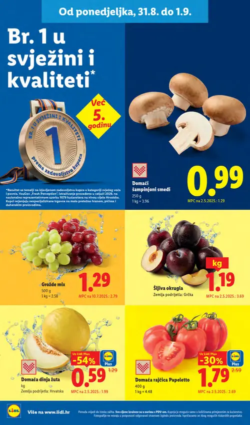 Lidl katalog — stranica 2: Domaća dinja žuta, Šljiva okrugla, Grožđe mix, Domaća rajčica Papeletto (vrijedi 31. 08. 2026.–06. 09. 2026.)