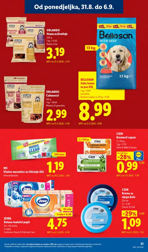 Lidl katalog — stranica 21: CIEN Krema za njegu kože, CIEN Kremasti sapun, W5 Vlažne maramice za čišćenje XXL Višenamjenjske, ORLANDO Hrana za životinje (vrijedi 31. 08. 2026.–06. 09. 2026.)