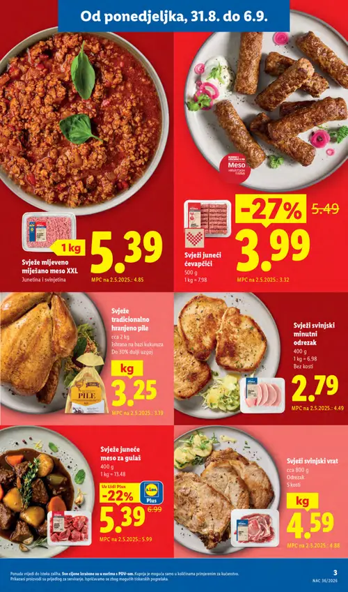 Lidl katalog — stranica 3: MESNICA Svježi svinjski minutni odrezak, MESNICA Svježe juneće meso za gulaš, MESNICA Svježi svinjski vrat (vrijedi 31. 08. 2026.–06. 09. 2026.)