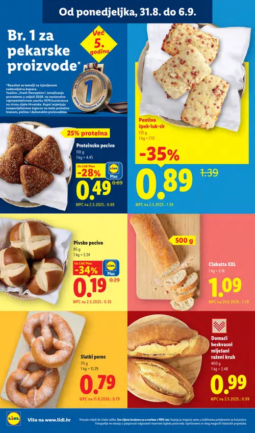 Lidl katalog — stranica 4: Pivsko pecivo, Pontino špek-luk-sir, Proteinsko pecivo, Ciabatta XXL (vrijedi 31. 08. 2026.–06. 09. 2026.)
