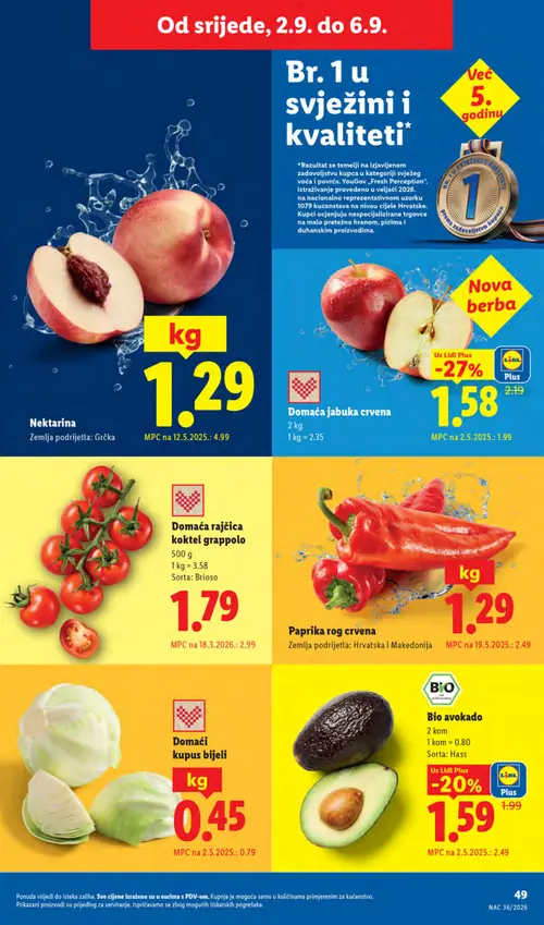 Lidl katalog — stranica 49: Paprika rog crvena, Domaći kupus bijeli, Domaća rajčica koktel grappolo, Domaća jabuka crvena (vrijedi 31. 08. 2026.–06. 09. 2026.)