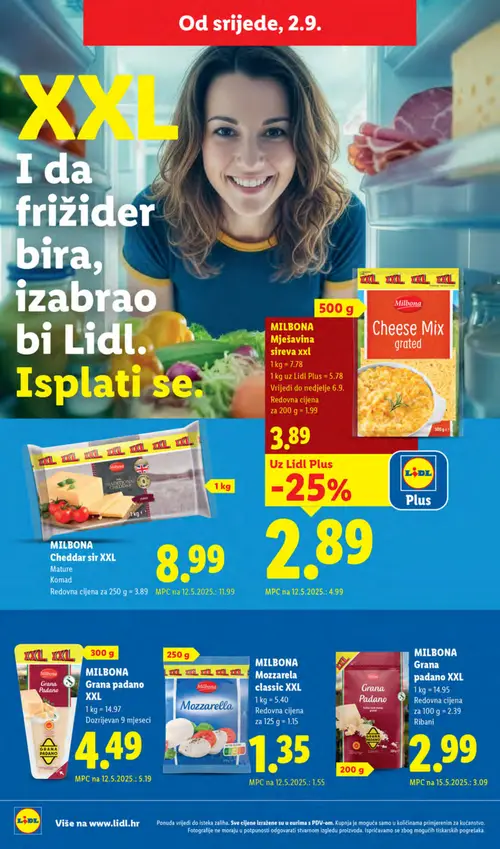 Lidl katalog — stranica 50: MILBONA Cheddar sir XXL, MILBONA Grana padano XXL, MILBONA Mozzarella classic XXL, MILBONA Grana padano XXL Ribani (vrijedi 31. 08. 2026.–06. 09. 2026.)