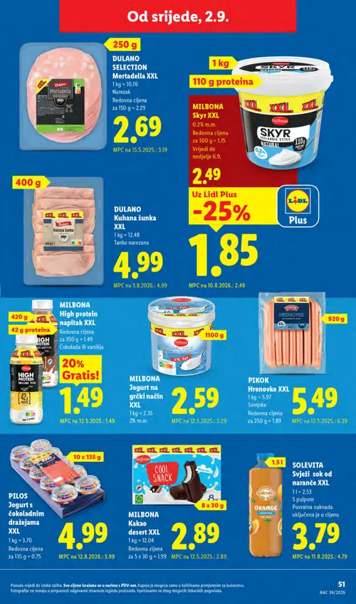 Lidl katalog — stranica 51: MILBONA Skyr XXL 110 g proteina, MILBONA Jogurt na grčki način XXL, SOLEVITA Svježi sok od naranče XXL S pulpom Povratna naknada uključena je u cijenu, PILOS Jogurt s čokoladnim dražejama XXL (vrijedi 31. 08. 2026.–06. 09. 2026.)
