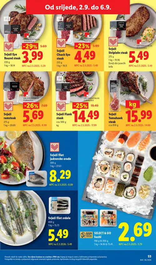 Lidl katalog — stranica 53: Svježi Eye Round steak, GGN SELECT & GO Sushi, Svježi ramsteak, Svježi Flank steak (vrijedi 31. 08. 2026.–06. 09. 2026.)