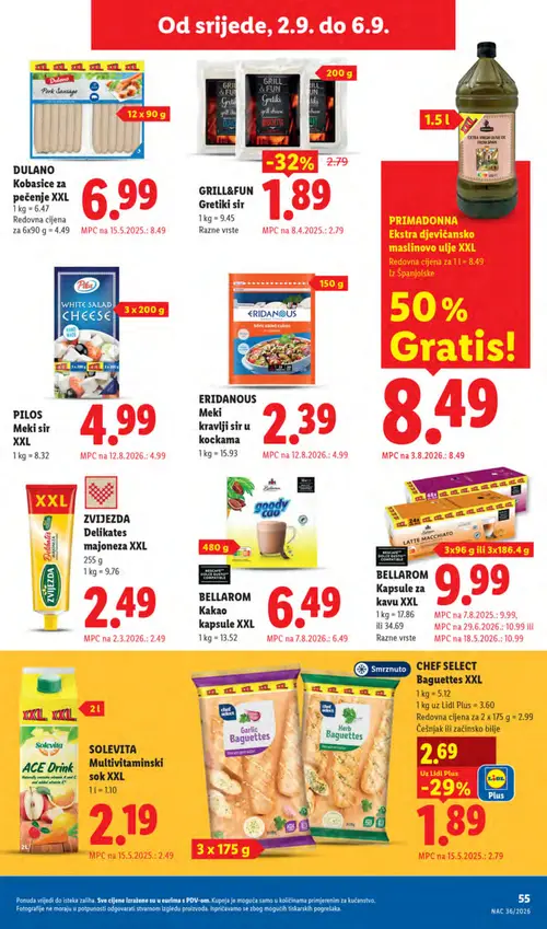 Lidl katalog — stranica 55: CHEF SELECT Baguettes XXL, GRILL&FUN Gretiki sir, DULANO Kobasice za pečenje XXL, PRIMADONNA Ekstra djevičansko maslinovo ulje XXL (vrijedi 31. 08. 2026.–06. 09. 2026.)